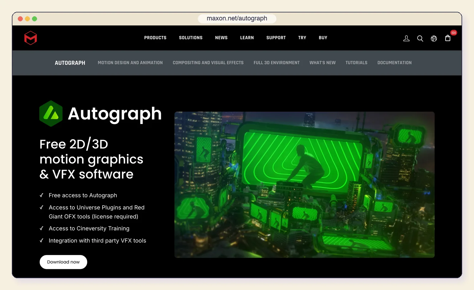 The Autograph website at maxon.net/autograph, showing the "Free 2D/3D motion graphics & VFX software" headline.