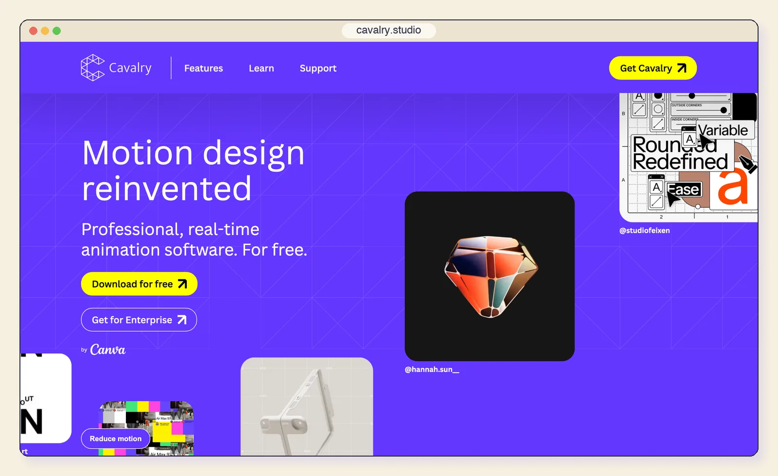 The Cavalry website at cavalry.studio, showing the "Motion design reinvented" headline and the free download.