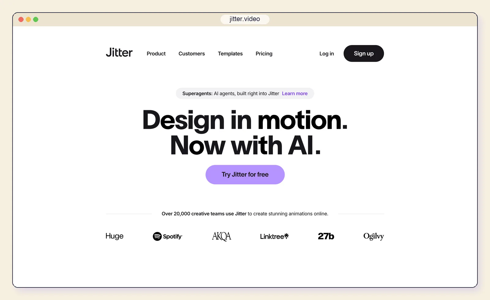 The Jitter website at jitter.video, showing the "Design in motion. Now with AI." headline.