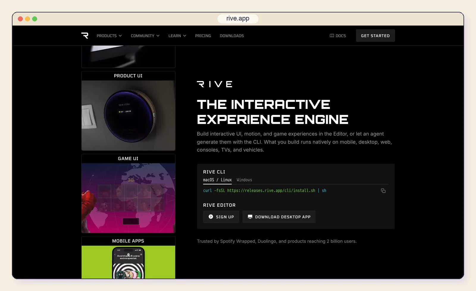 The Rive website at rive.app, showing the "interactive experience engine" headline and runtime examples.