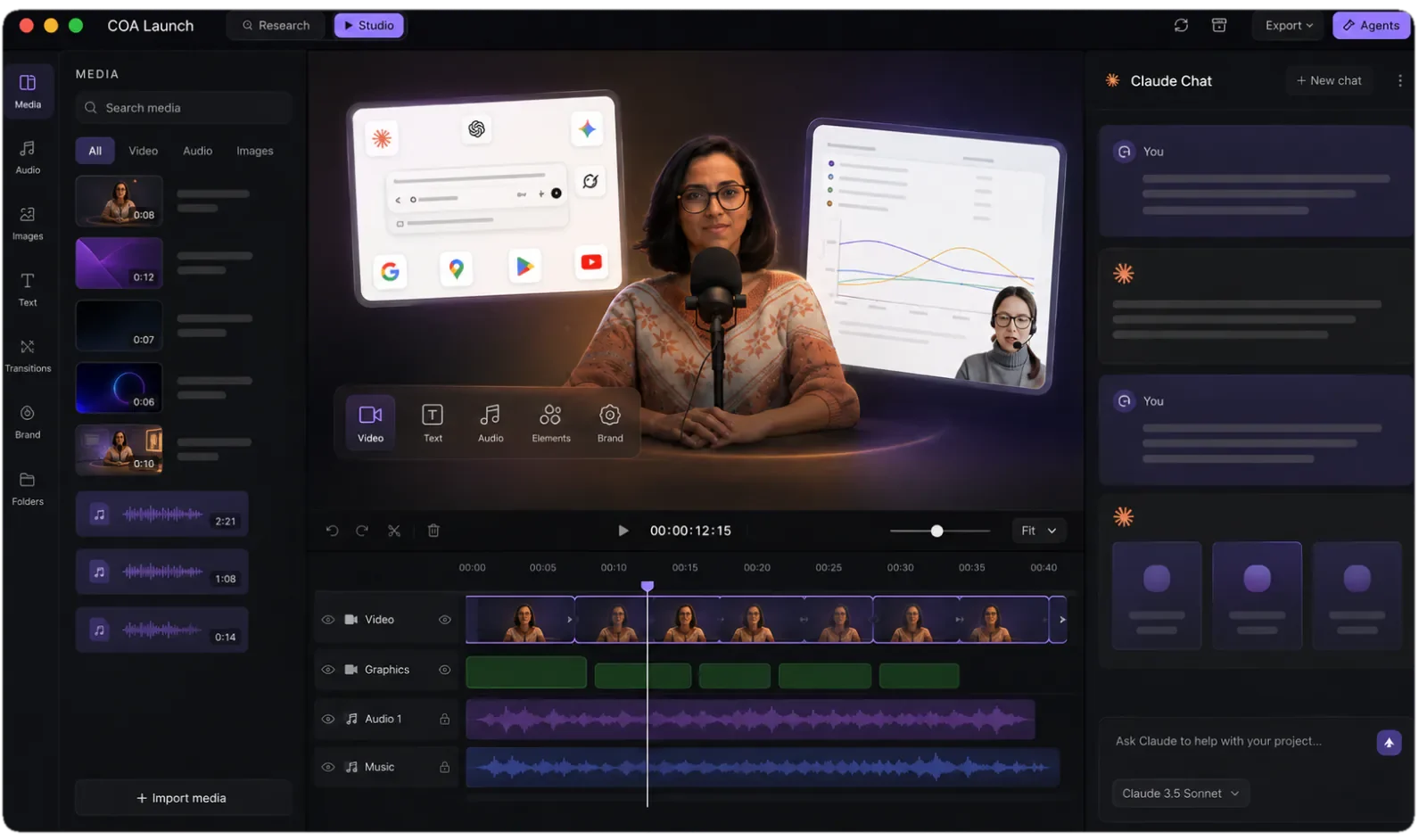 The CoAnimator desktop app with a media library on the left, a live video stage in the centre, a multi-track timeline below and an agent chat panel on the right.
