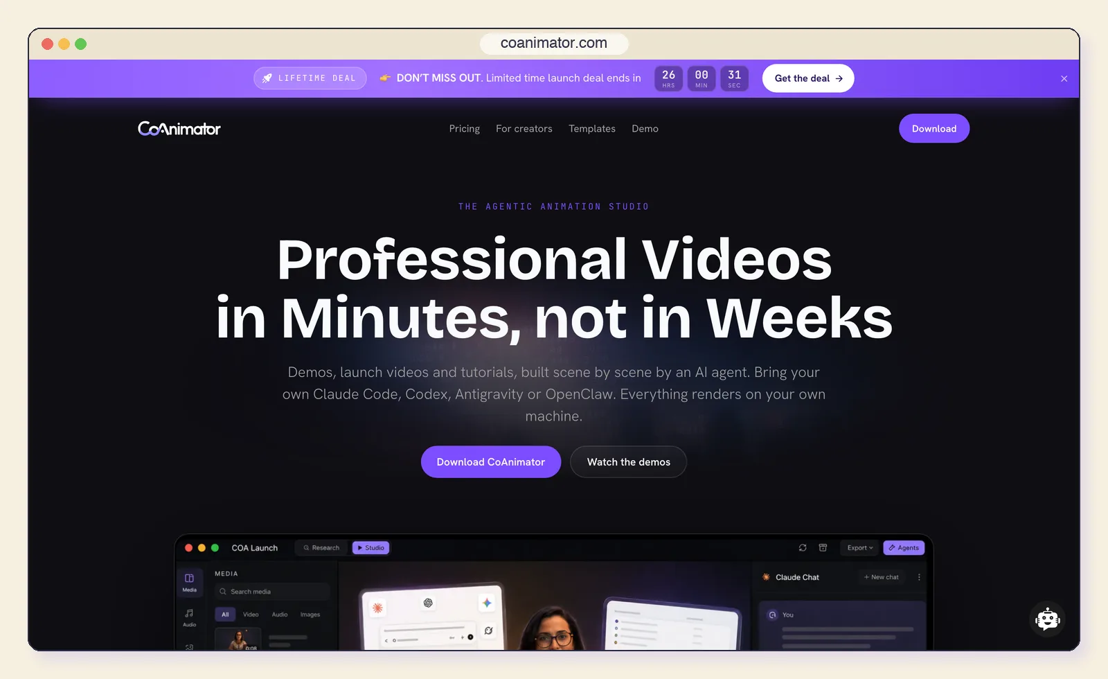 The CoAnimator website at coanimator.com, showing the "Professional Videos in Minutes, not in Weeks" headline above the studio.