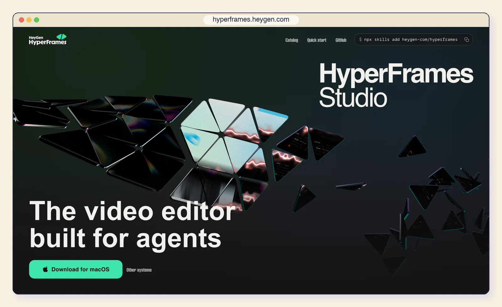 The HyperFrames website at hyperframes.heygen.com, showing HyperFrames Studio, "the video editor built for agents".