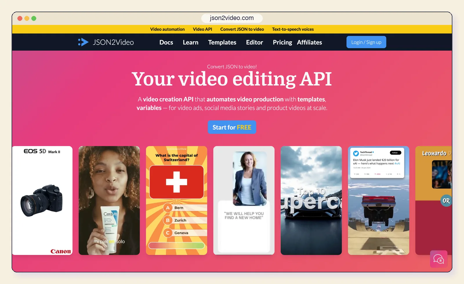 The JSON2Video website at json2video.com, showing the "Your video editing API" headline and template examples.