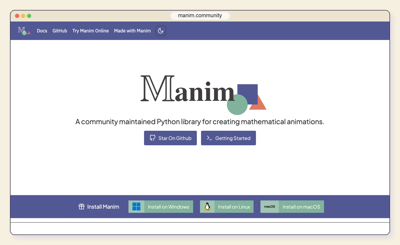 The Manim website at manim.community, showing the community-maintained Python library and its install options.