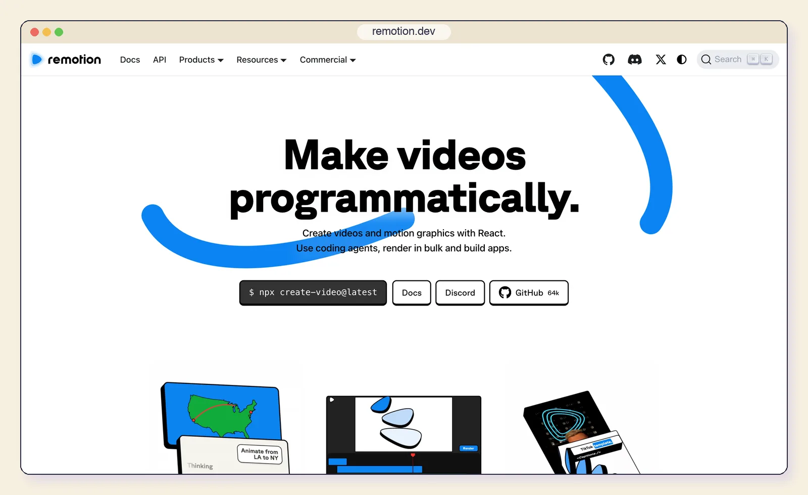 The Remotion website at remotion.dev, showing the "Make videos programmatically" headline and the create-video command.