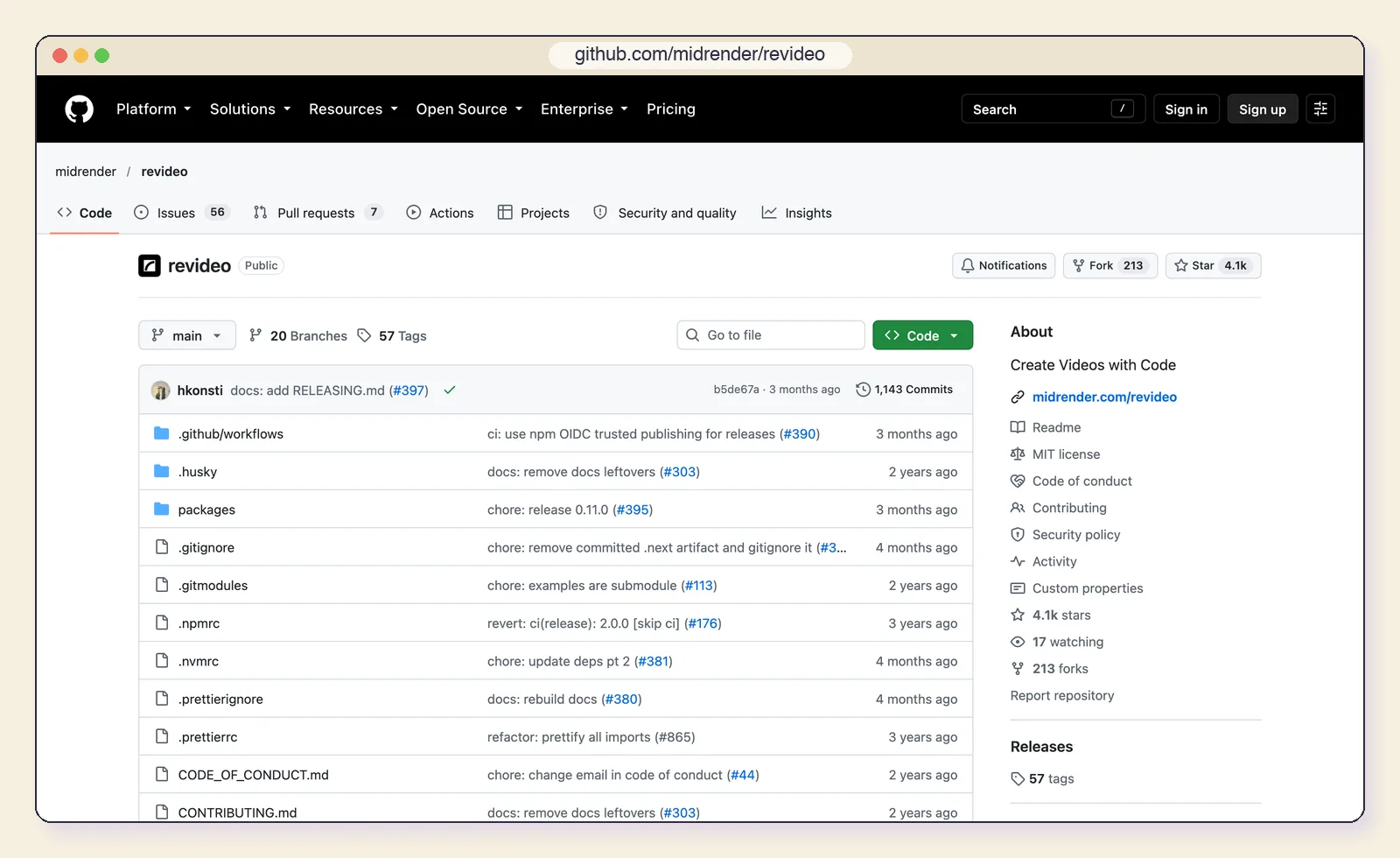 The Revideo website at github.com/midrender/revideo, showing the MIT-licensed repository.