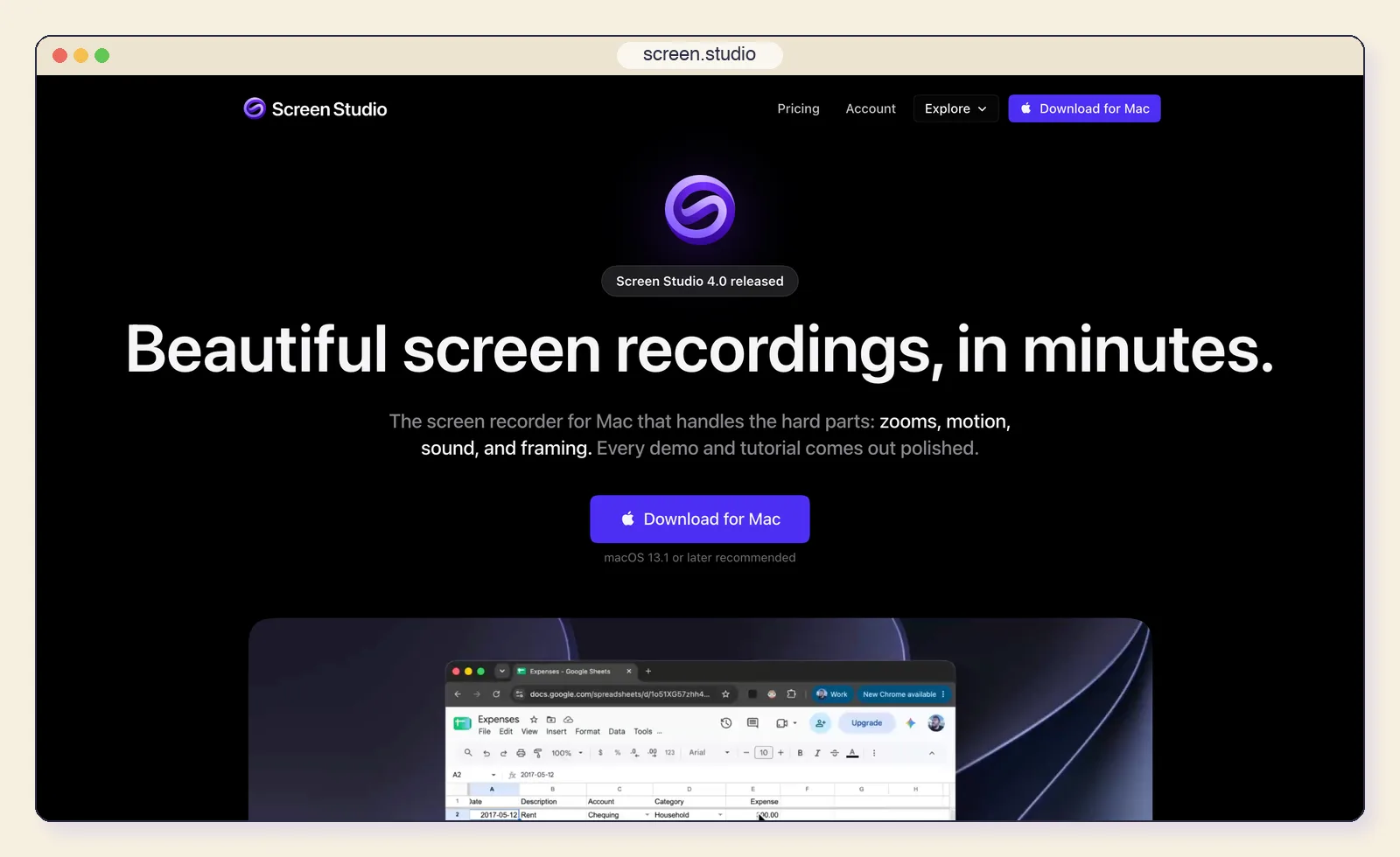 The Screen Studio website at screen.studio, showing the "Beautiful screen recordings, in minutes" headline.