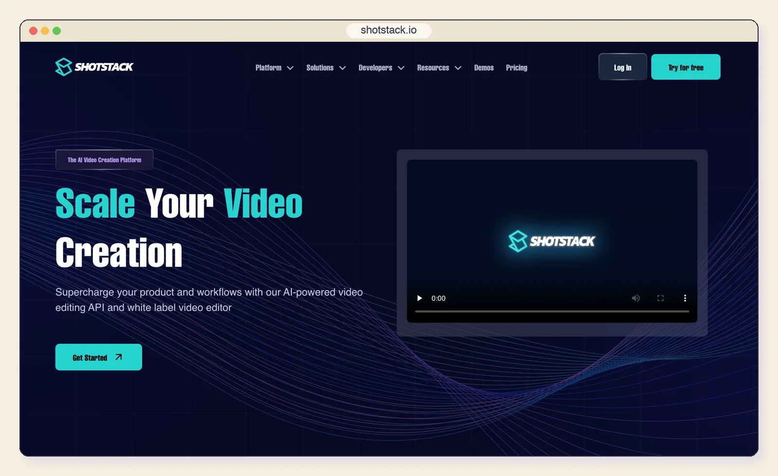 The Shotstack website at shotstack.io, showing the "Scale Your Video Creation" headline.